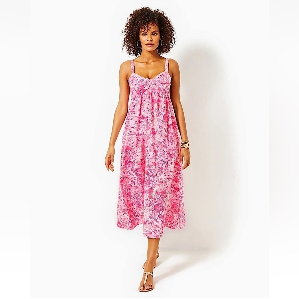 Lilly Pulitzer Azora Cotton Midi Dress Peony Pink Seaside Scene 14